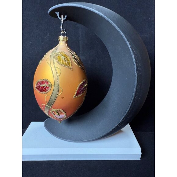 Other - Hand-Painted Large 7" Glass Ornament With Beaded Leaf Design Autumn Colors